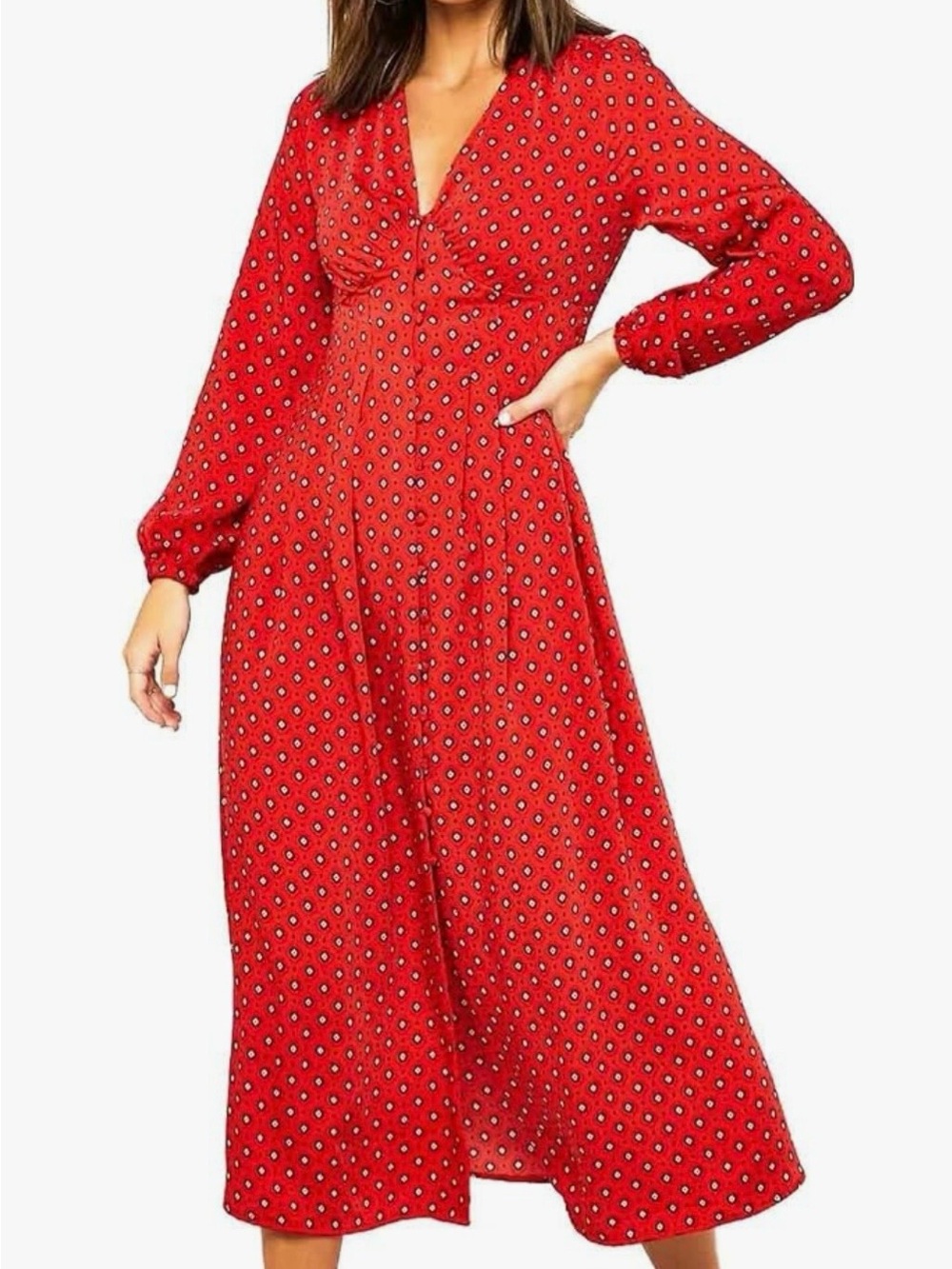 ONLY Vicky Long Sleeve Midi Dress Diamond Dot Print Sz 36. (US sz 4 or small)
